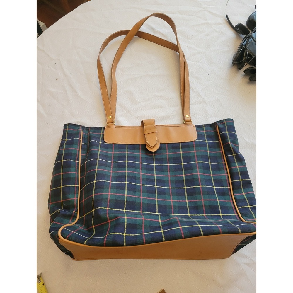 Keds Plaid Canvas & Faux Leather Tote Bag Women's Large Shoulder Handbag Navy